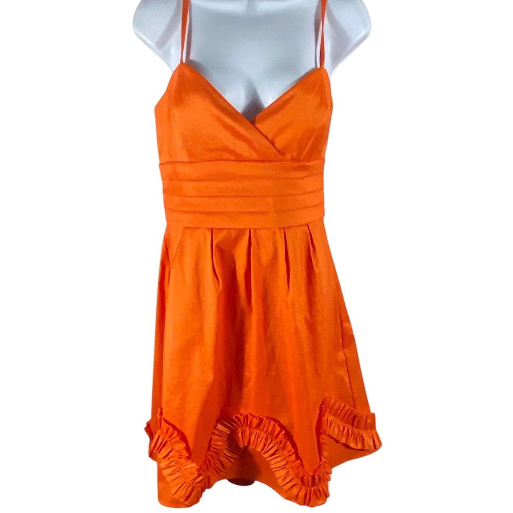 NW Collection Bright Orange Spaghetti Strap Dress Ruffle details Sz 10